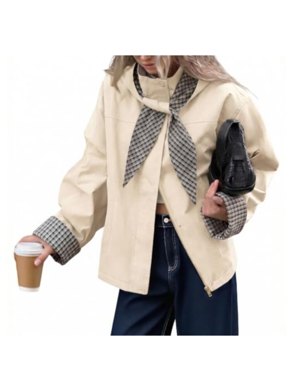 Cropped Trench Coat Detachable Plaid Hood Single Breasted Lightweight